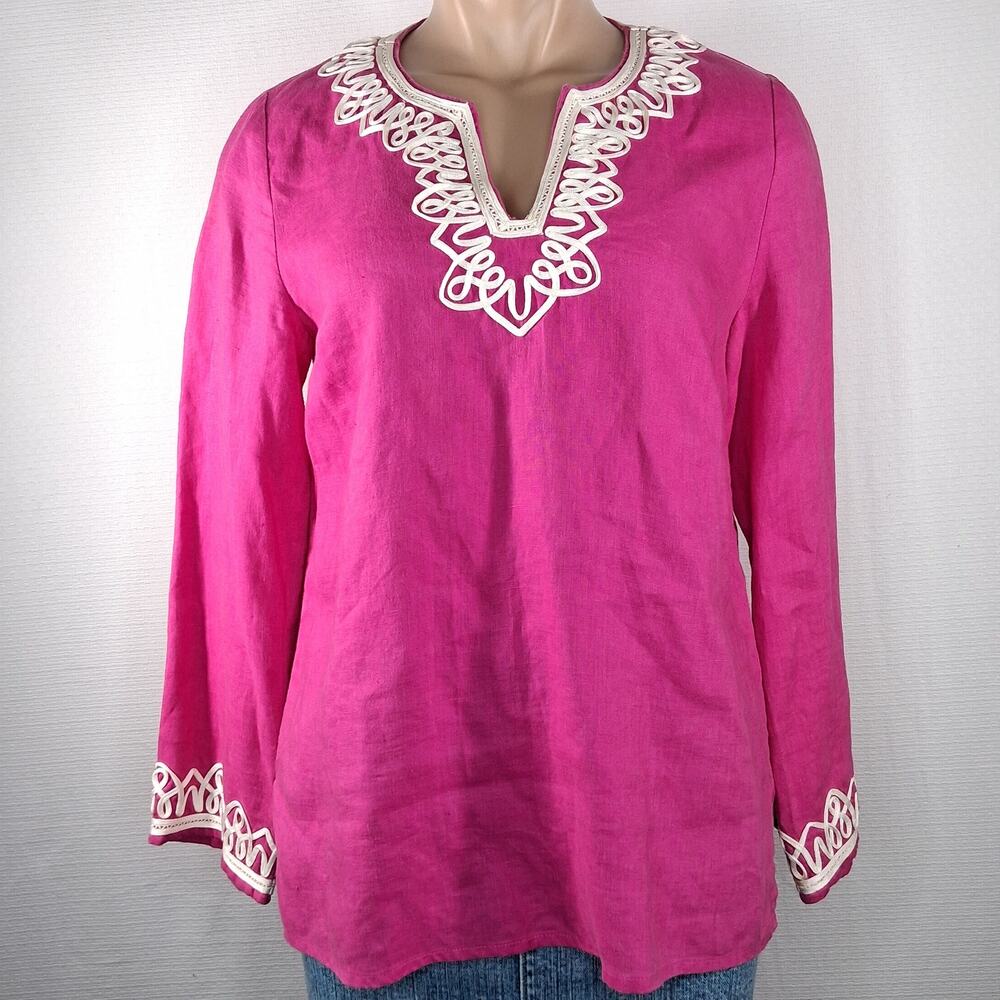 Talbots Long Sleeve Linen Tunic Top Women's Size X-Small‎ Pink Fuchsia